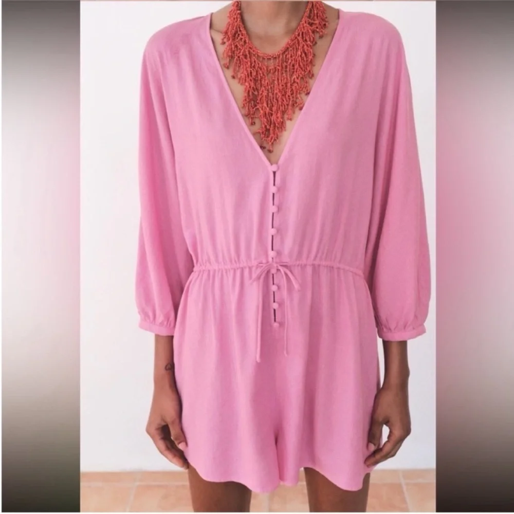 Zara, pink, linen blend short jumpsuit, Size Medium